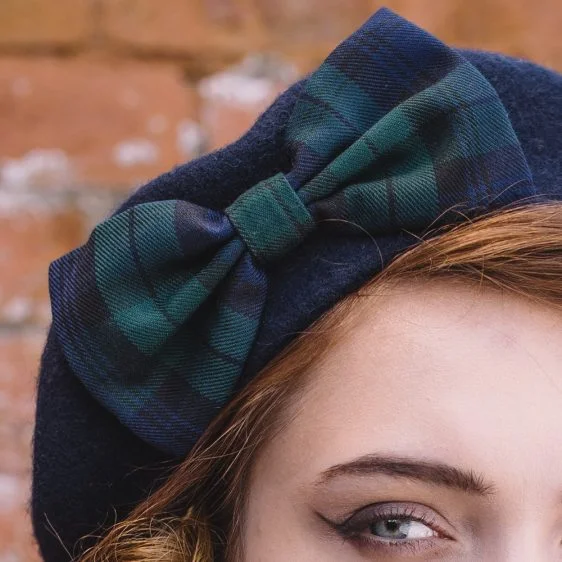 Navy Beret Blackwatch Tartan Bow detail