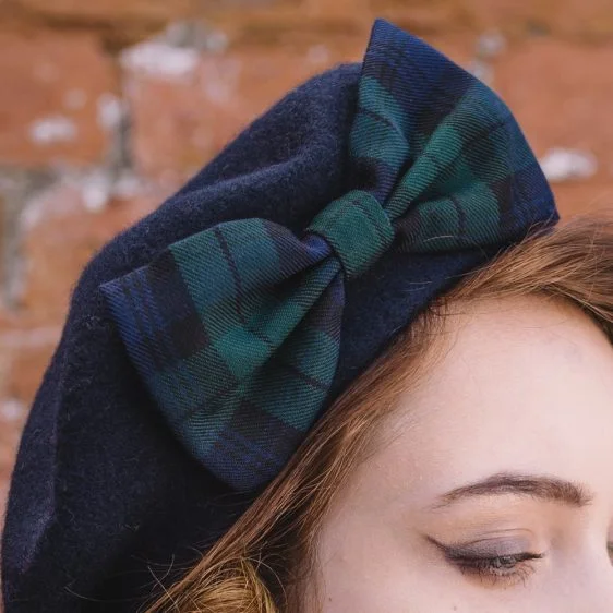 Navy Beret Blackwatch Tartan Bow detail2