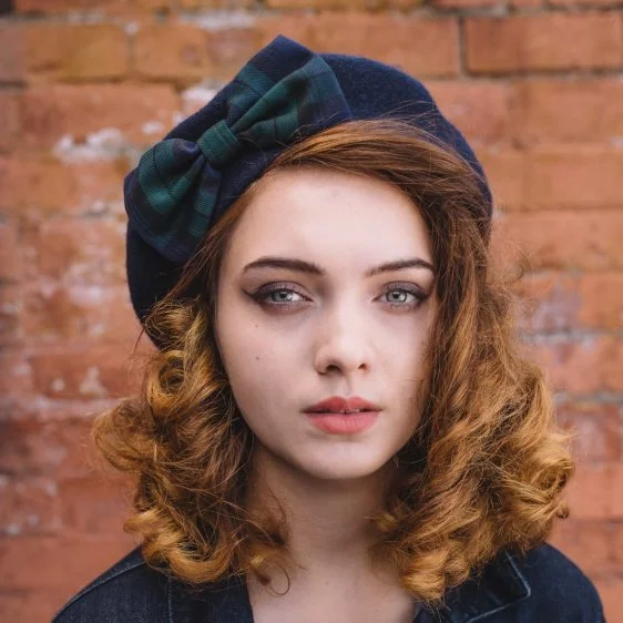 Navy Beret Blackwatch Tartan Bow front