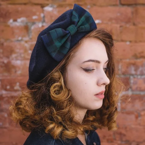 Navy Beret Blackwatch Tartan Bow side