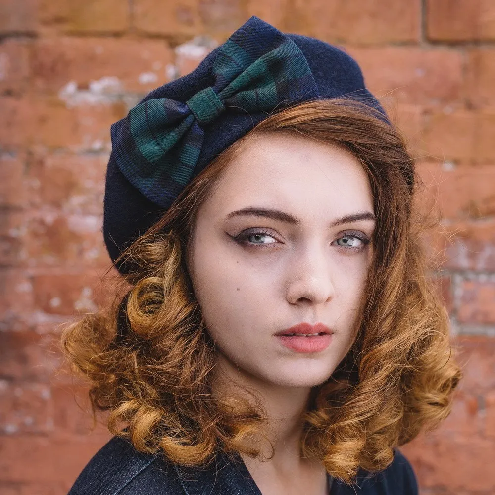Navy Beret Blackwatch Tartan Bow