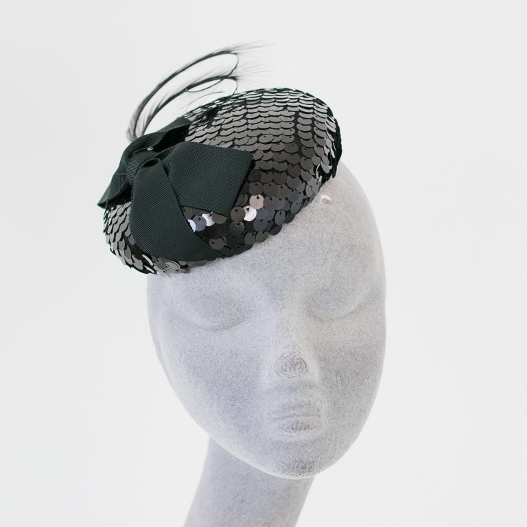 Black Sequin Button Hat with Bow and Feathers - Imogen's Imagination