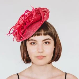Pink Sinamay Headpiece with Feathers