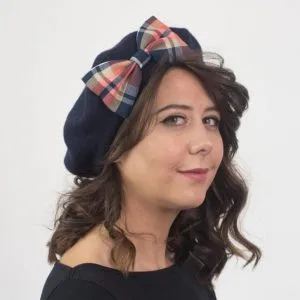 Navy Beret Navy-Peach Tartan Bow