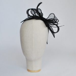 Black Bow Fascinator with Biot Feathers - front left