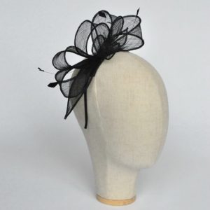 Black Rolled Sinamay Fascinator with Loops and Coque Feathers - angle