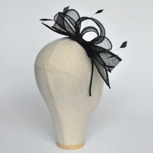 Black Rolled Sinamay Fascinator with Loops and Coque Feathers - back