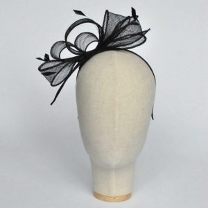 Black Rolled Sinamay Fascinator with Loops and Coque Feathers - front