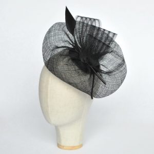 Black Sinamay Saucer Fascinator with Arrow Feather and Crinoline - angle