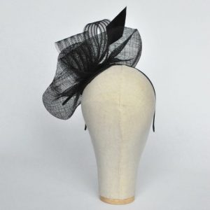 Black Sinamay Saucer Fascinator with Arrow Feather and Crinoline - back