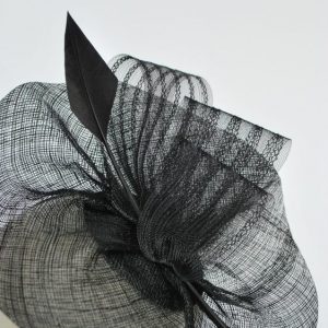 Black Sinamay Saucer Fascinator with Arrow Feather and Crinoline - detail 2