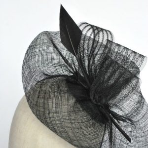 Black Sinamay Saucer Fascinator with Arrow Feather and Crinoline - detail