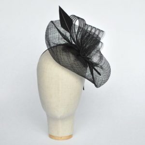 Black Sinamay Saucer Fascinator with Arrow Feather and Crinoline - front