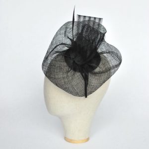 Black Sinamay Saucer Fascinator with Arrow Feather and Crinoline - side