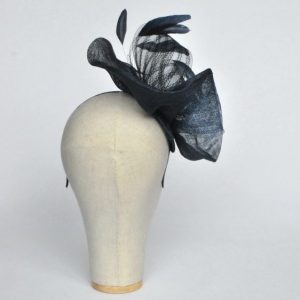 Navy Blue Sinamay Saucer Fascinator with Coque Feathers and Crinoline - back
