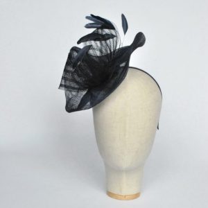 Navy Blue Sinamay Saucer Fascinator with Coque Feathers and Crinoline - front