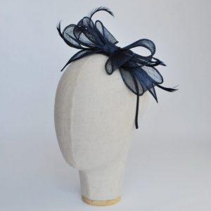 Navy Bow Fascinator with Biot Feathers - angle