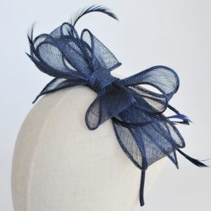Navy Bow Fascinator with Biot Feathers - detail