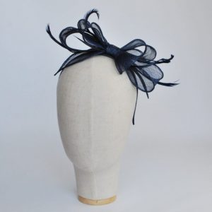 Navy Bow Fascinator with Biot Feathers - front