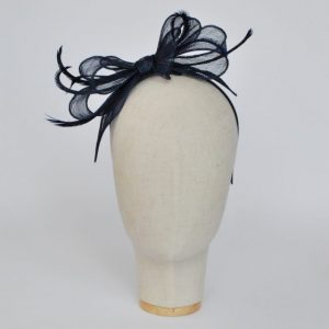 Navy Bow Fascinator with Biot Feathers - front left