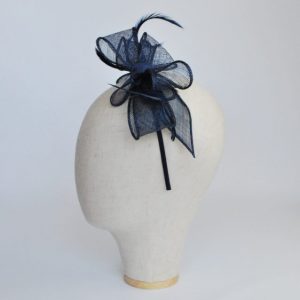 Navy Bow Fascinator with Biot Feathers - side