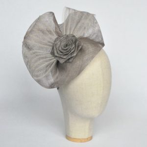 Silver Grey Sinamay Saucer Fascinator with Crinoline and Rose Flower - angle