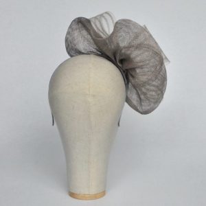 Silver Grey Sinamay Saucer Fascinator with Crinoline and Rose Flower - back