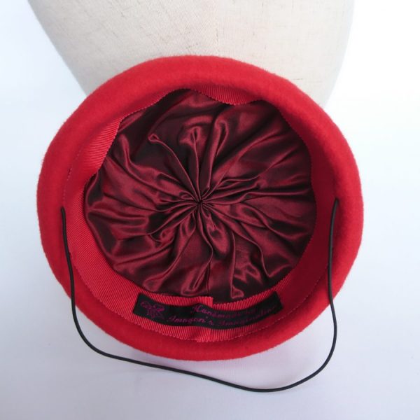 Red felt hat with silk lining millinery techniques by Imogen's Imagination