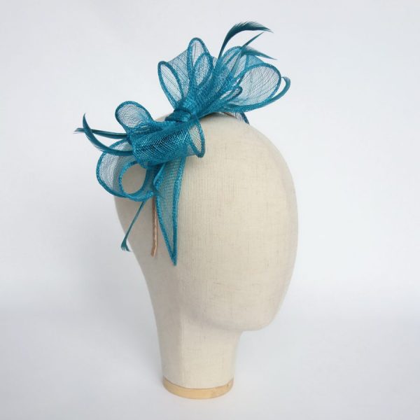 Turquoise Bow Fascinator with Biot Feathers - Side, Angled Shot