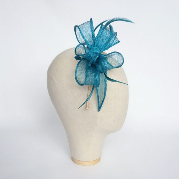 Side View of Turquoise Bow Fascinator with Biot Feathers - Turquoise Wedding Fascinator by Imogen's Imagination