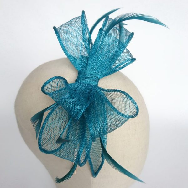 Close Up of Turquoise Bow Fascinator with Biot Feathers - Turquoise Race Day Fascinator by Imogen's Imagination