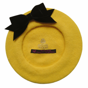 Mustard Yellow Beret with Black Velvet Ribbon Bow