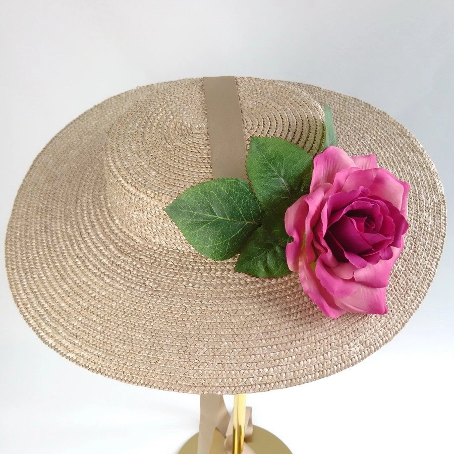 Summer Casual Hat in Oyster with a Detachable Dark Pink Rose