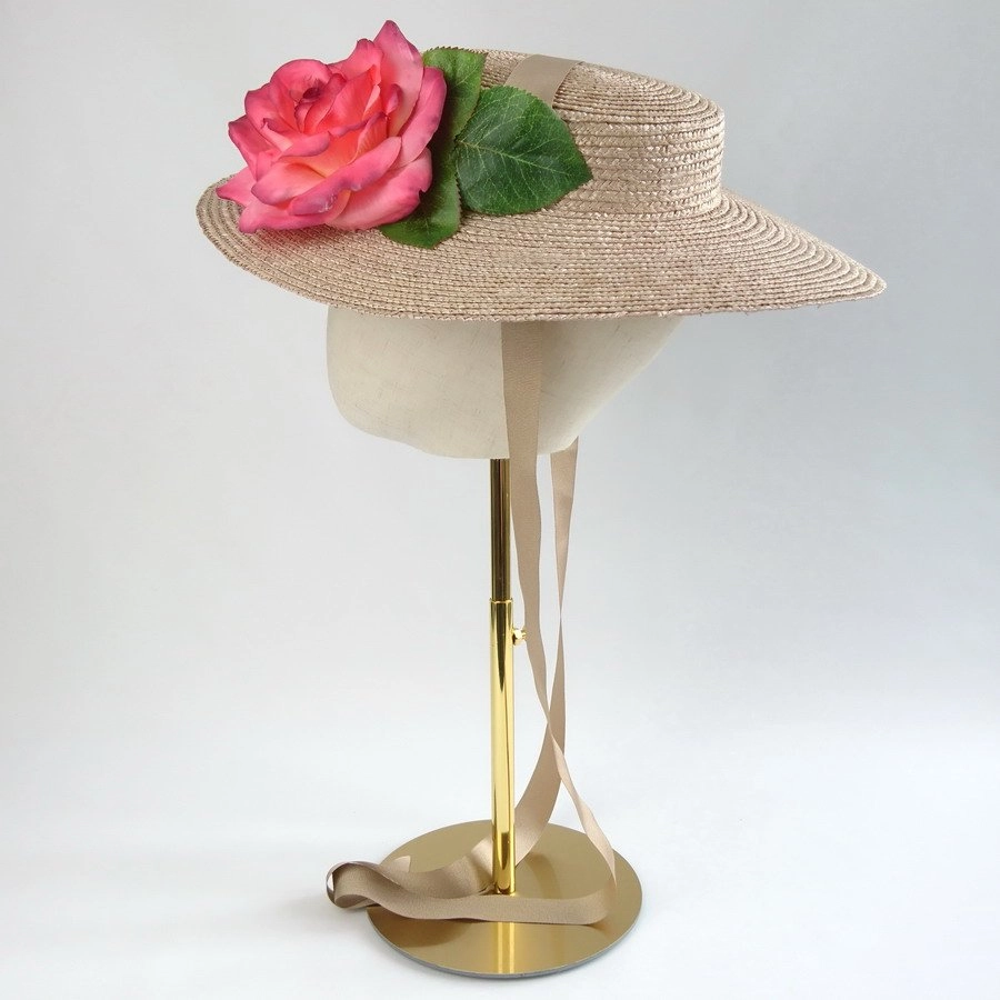 Summer Wedding Hat in Oyster with a Detachable Pink Rose