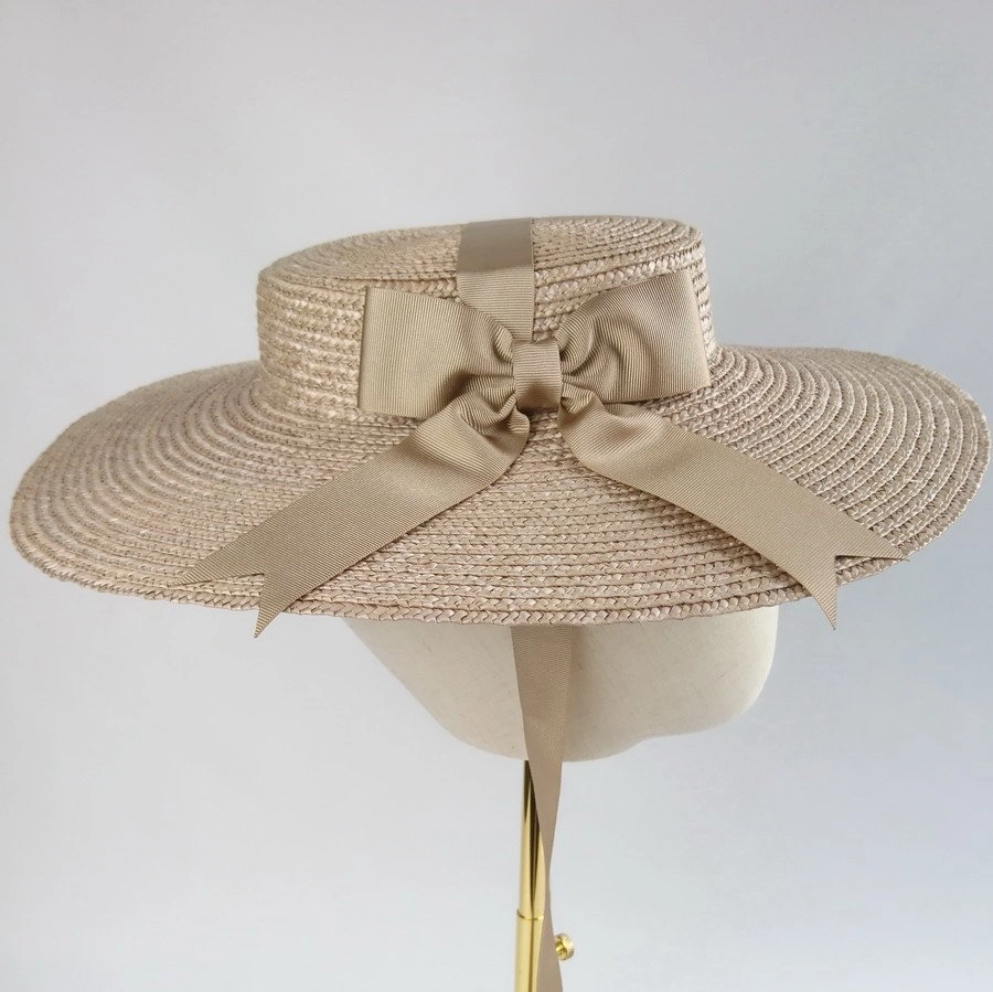 Vintage Style Sun Hat in Oyster with a Detachable Gold Ribbon Bow