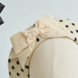 Ivory Polka Dot Beret with Ivory Velvet Ribbon Bow