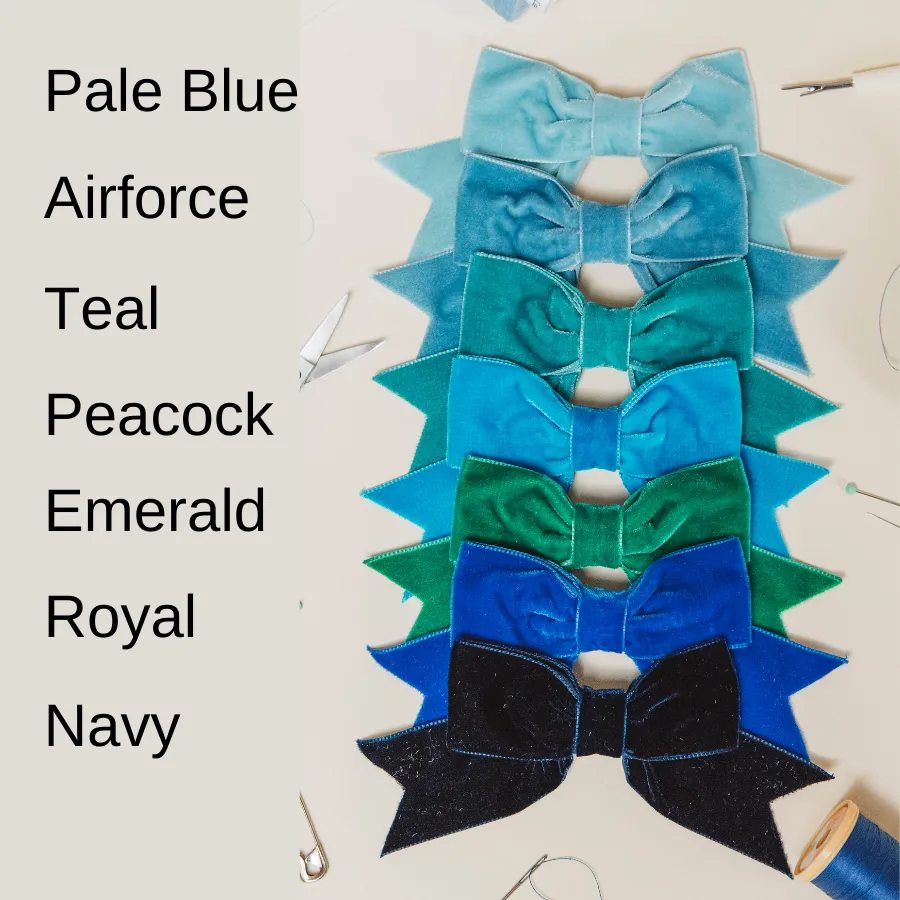 Blue and Green Velvet Ribbon Bow Hair Clips Handmade by Imogen's Imagination