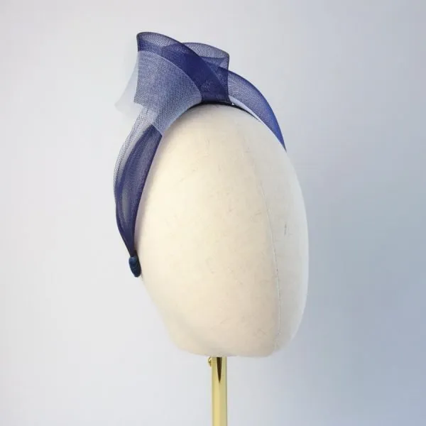 Navy White Crinoline Knot Headband worn to the right of the head