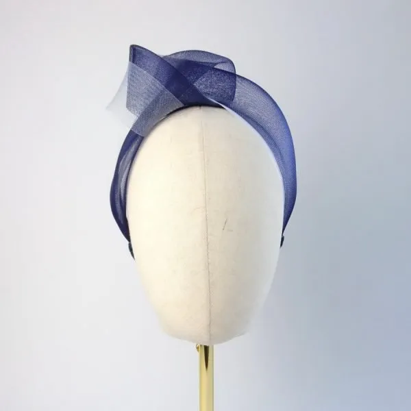 Navy White Crinoline Knot Headband worn to the right of the head