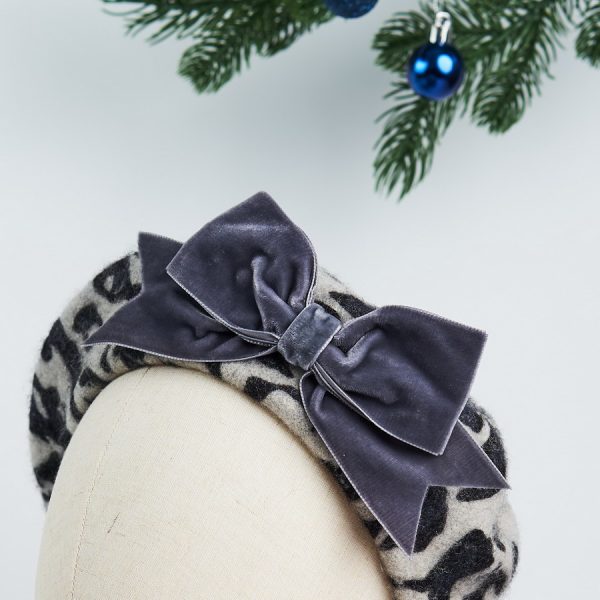 Grey Leopard Beret with Grey Velvet Ribbon Bow