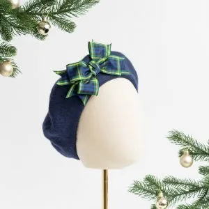 Navy Blue Beret with Gordon Tartan Ribbon Bow