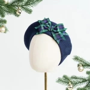 Navy Blue Beret with Mackenzie Tartan Ribbon Bow