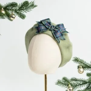 Sage Green Beret with Flower of Scotland Tartan Ribbon Bow