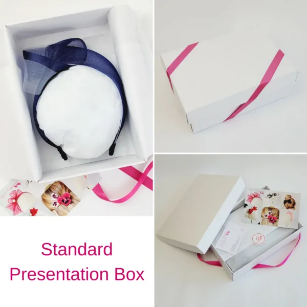 Navy and White Crinoline Knot Headband in standard white presentation box with pink ribbon