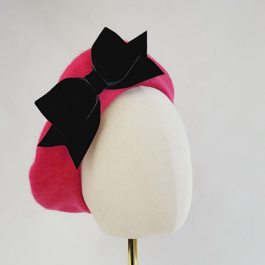 Fuchsia Pink Beret with Black Velvet Ribbon Bow