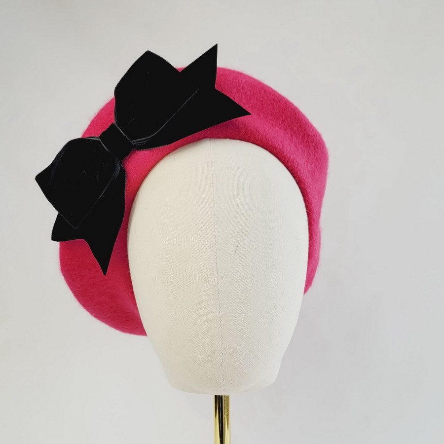 Fuchsia Pink Beret with Black Velvet Ribbon Bow
