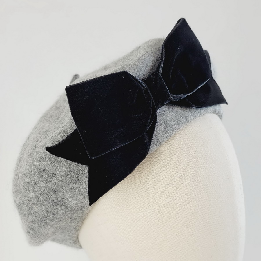 Light Grey Beret with Black Velvet Ribbon Bow detail of bow