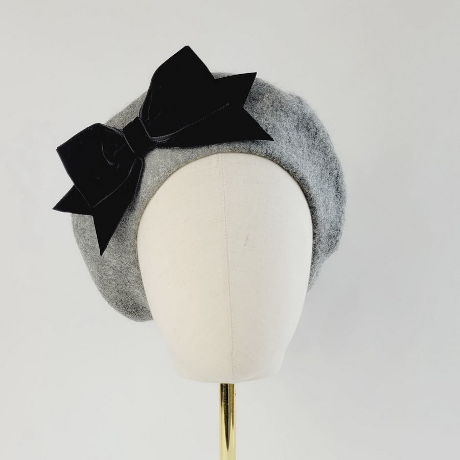 Light Grey Beret with Black Velvet Ribbon Bow