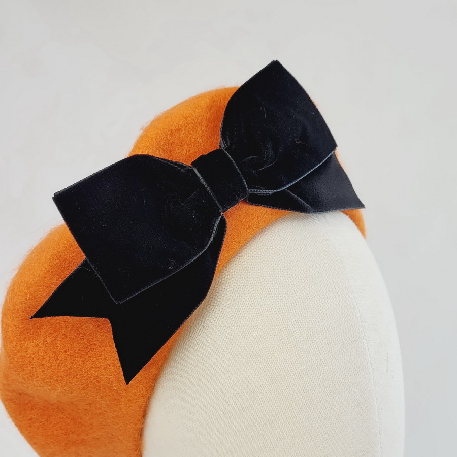 Orange Beret with Black Velvet Ribbon Bow detail of bow