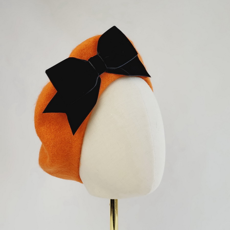 Orange Beret with Black Velvet Ribbon Bow